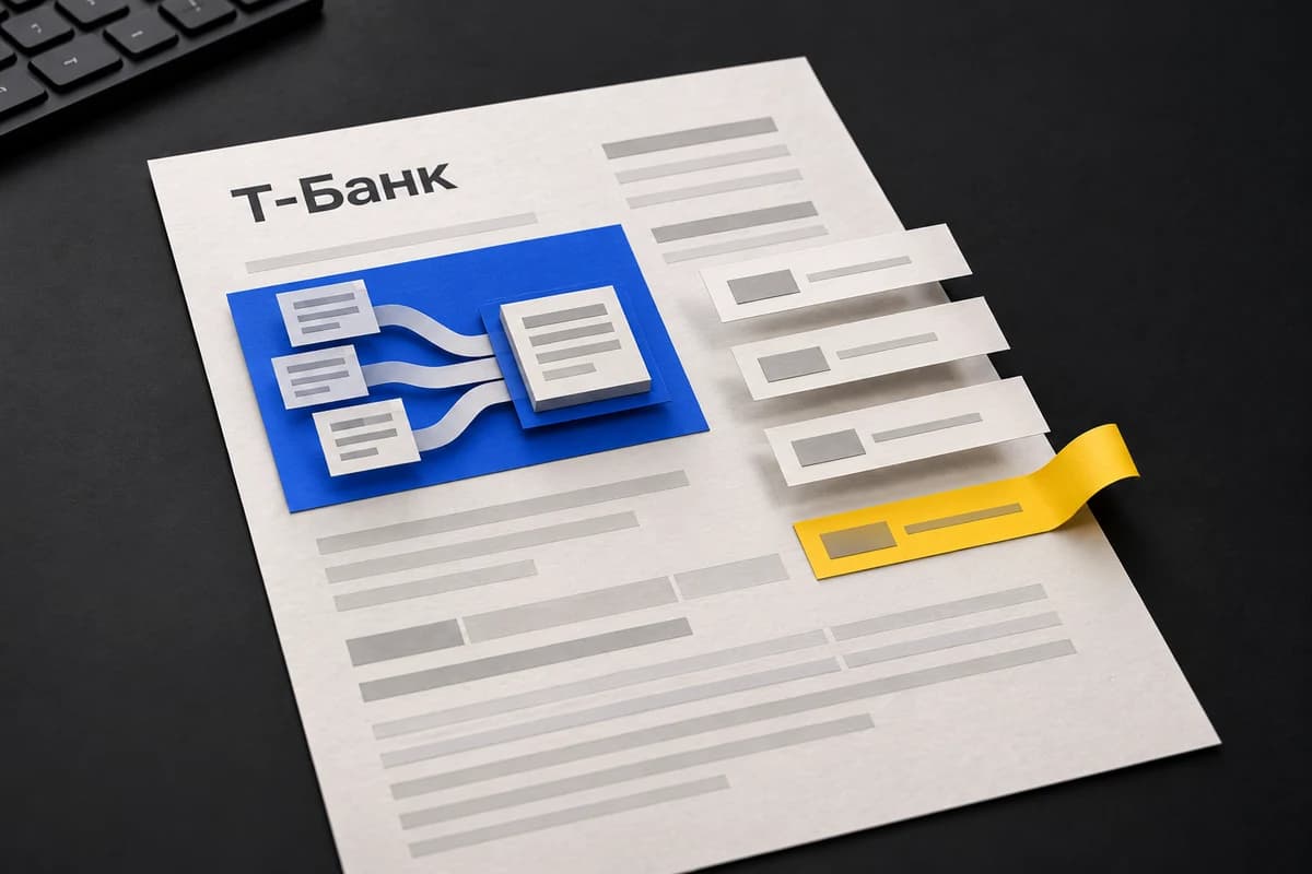 На обезличенном документе Т-Банка извлечённые поля подняты над листом, а одно поле отмечено для проверки сотрудником.