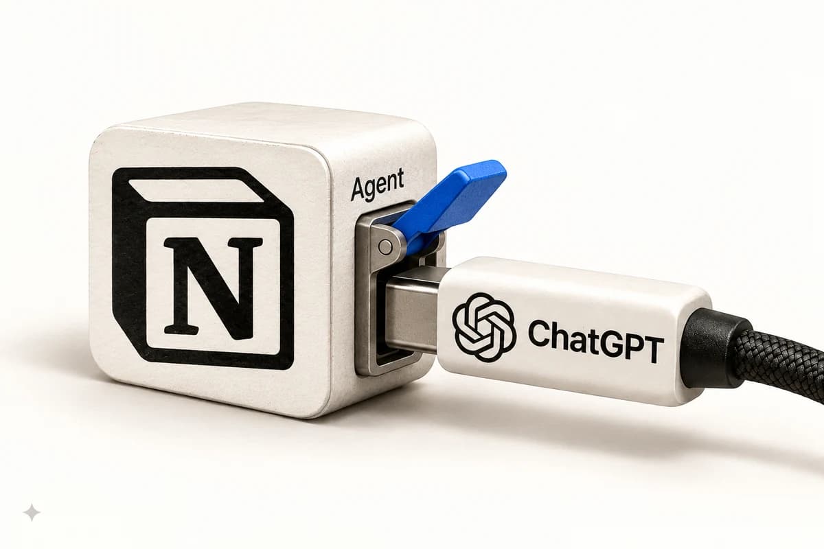 Значок приложения Notion в виде адаптера с подключённым кабелем ChatGPT и ручным селектором.