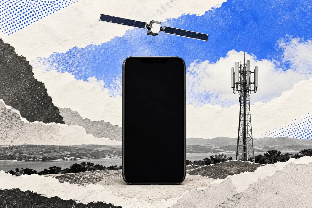 Смартфон с тёмным экраном, спутник и сотовая вышка показаны как отдельные элементы гибридной сети.