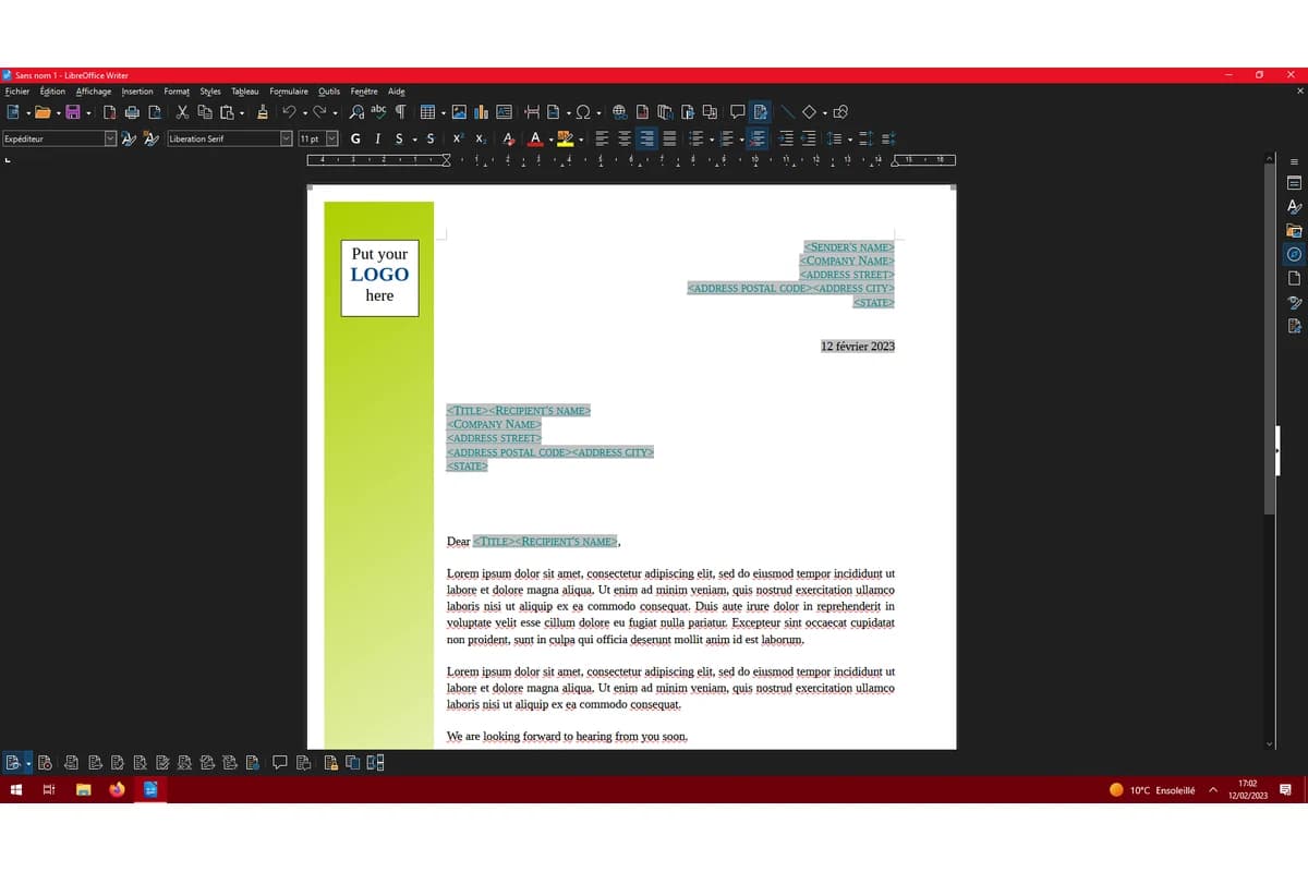 Интерфейс LibreOffice Writer с открытым шаблоном делового письма