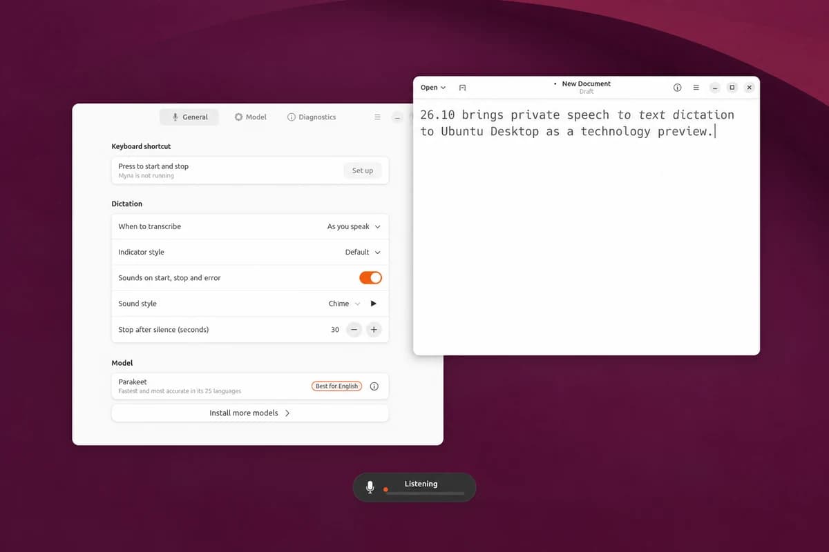 Окна настроек Myna и текстового редактора на рабочем столе Ubuntu, под ними полностью видна панель Listening с микрофоном.