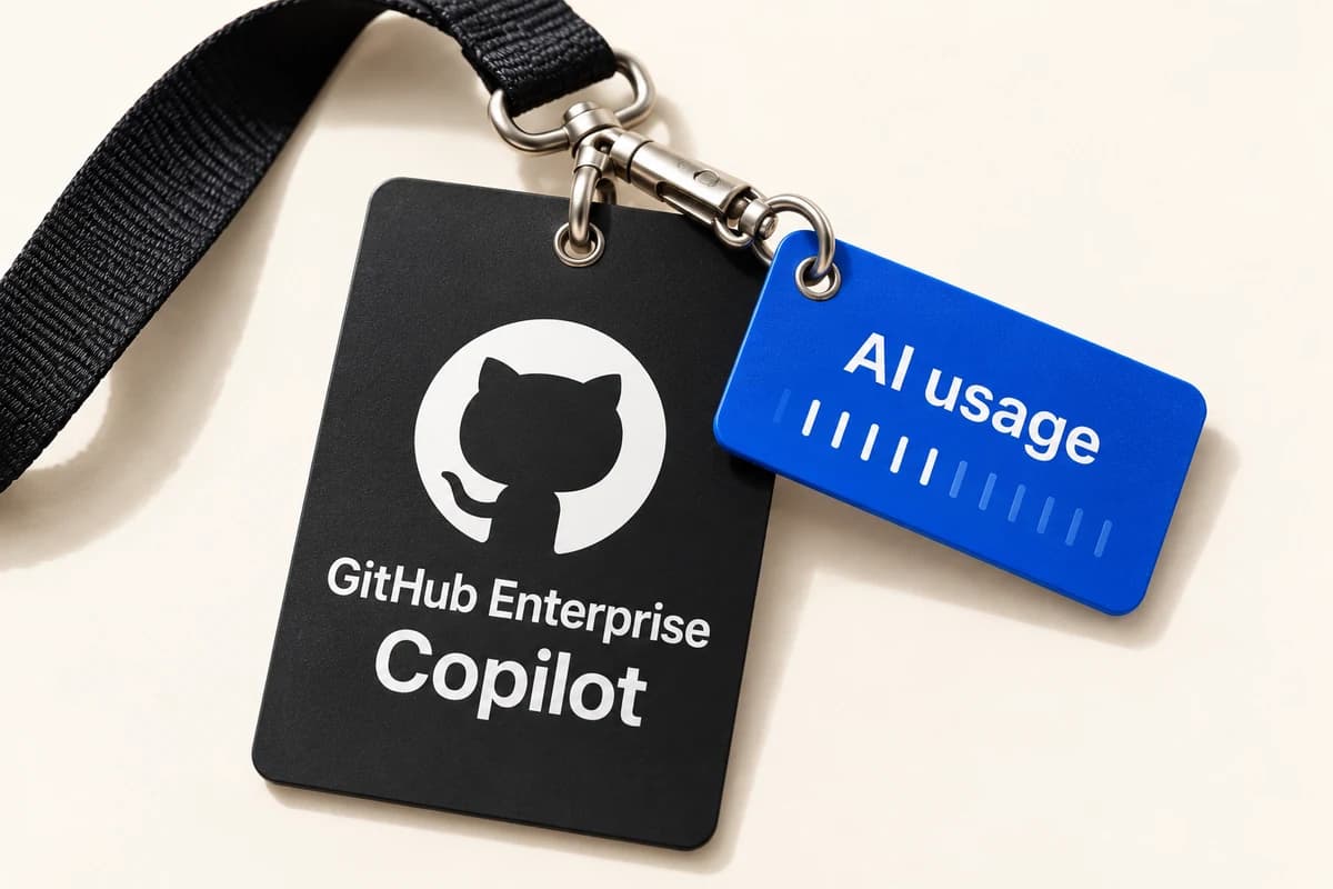 Чёрный корпоративный пропуск GitHub Enterprise и Copilot с прикреплённой синей карточкой учёта AI usage.