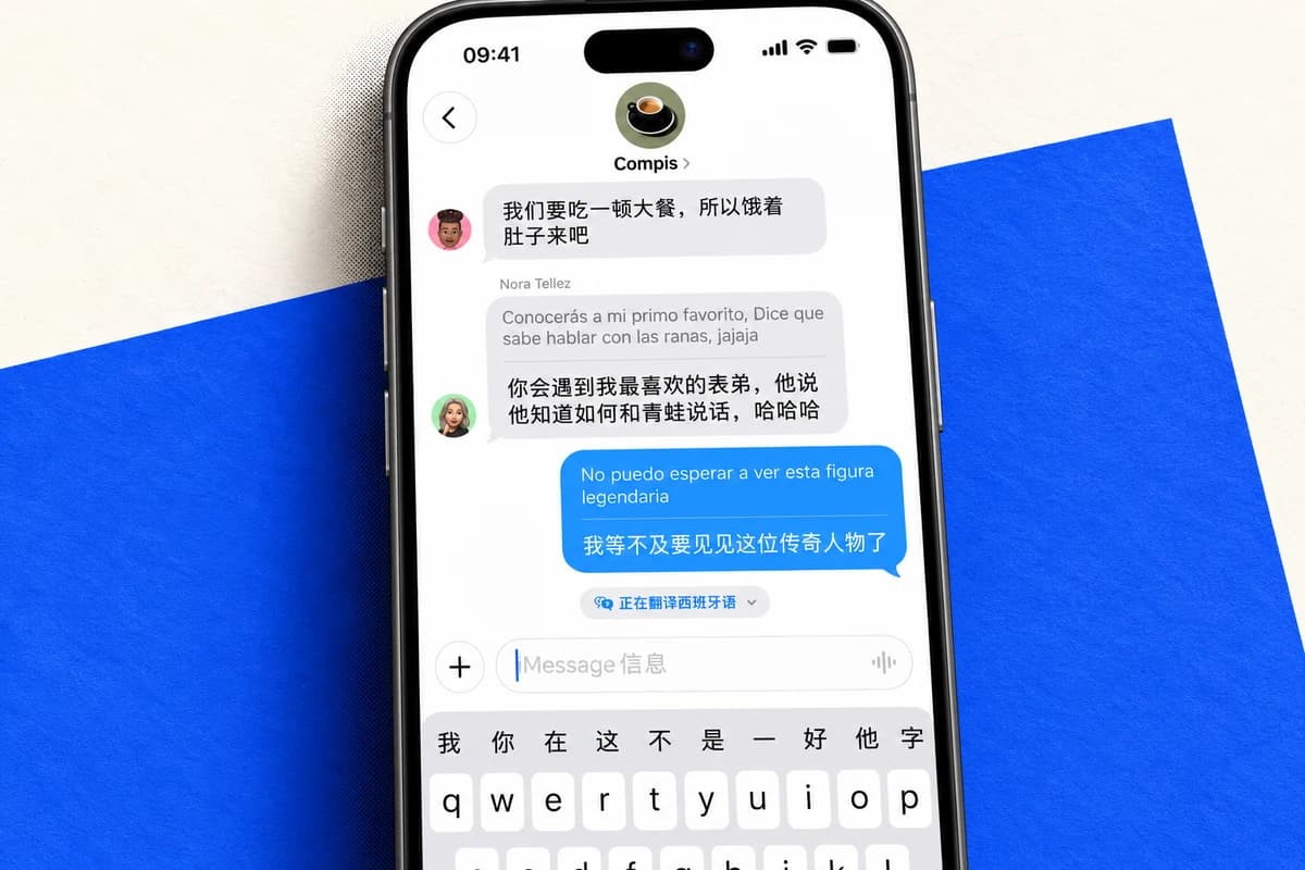 Крупный фрагмент iPhone с сообщениями на испанском и китайском языках, переводом и китайской клавиатурой.