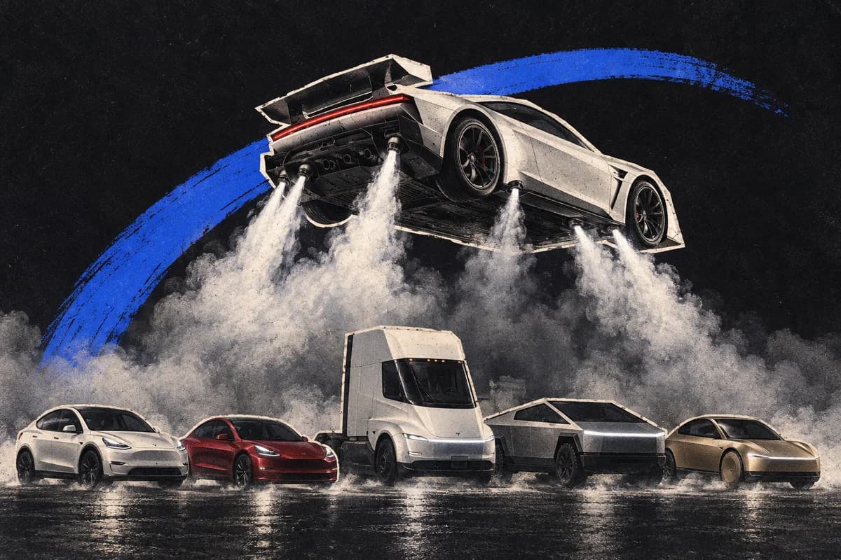 Иллюстрация: белый Tesla Roadster нового поколения в прыжке над Model Y, Model 3, Semi, Cybertruck и Cybercab, струи сжатого воздуха из сопел бьют вниз