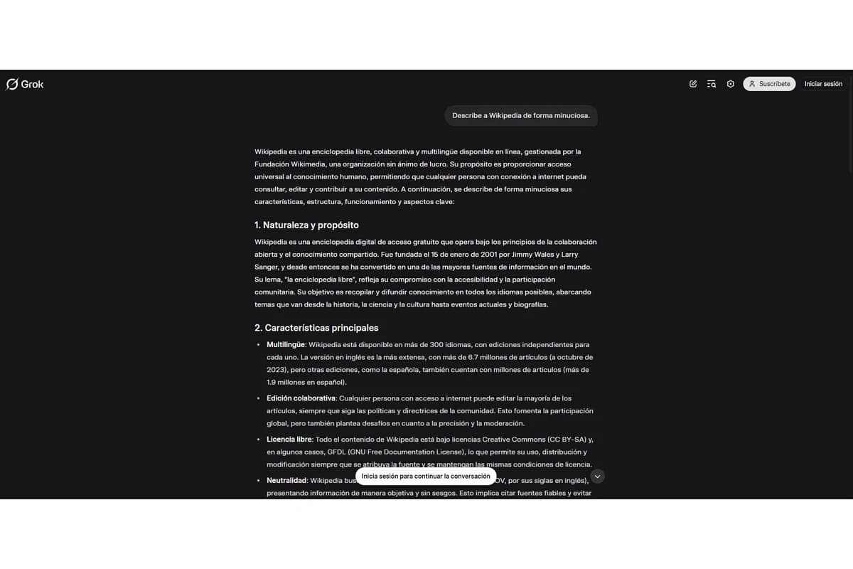 Тёмный интерфейс Grok с запросом и развёрнутым ответом о Википедии на испанском языке
