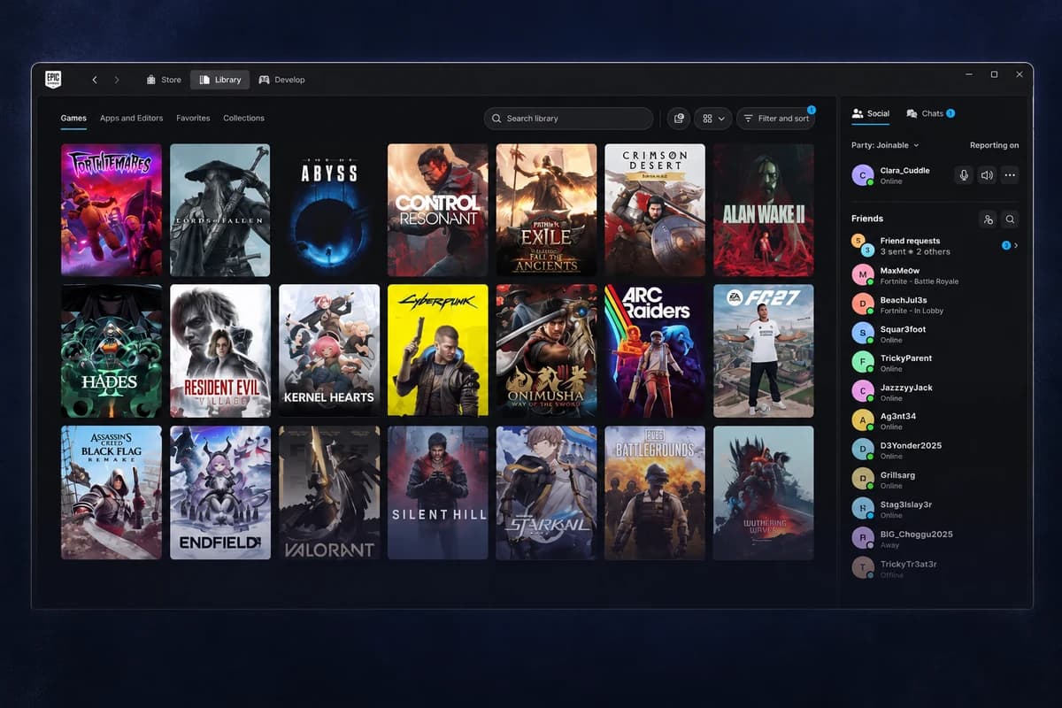 Интерфейс Epic Games Launcher с сеткой игр в разделе Library и социальной панелью справа