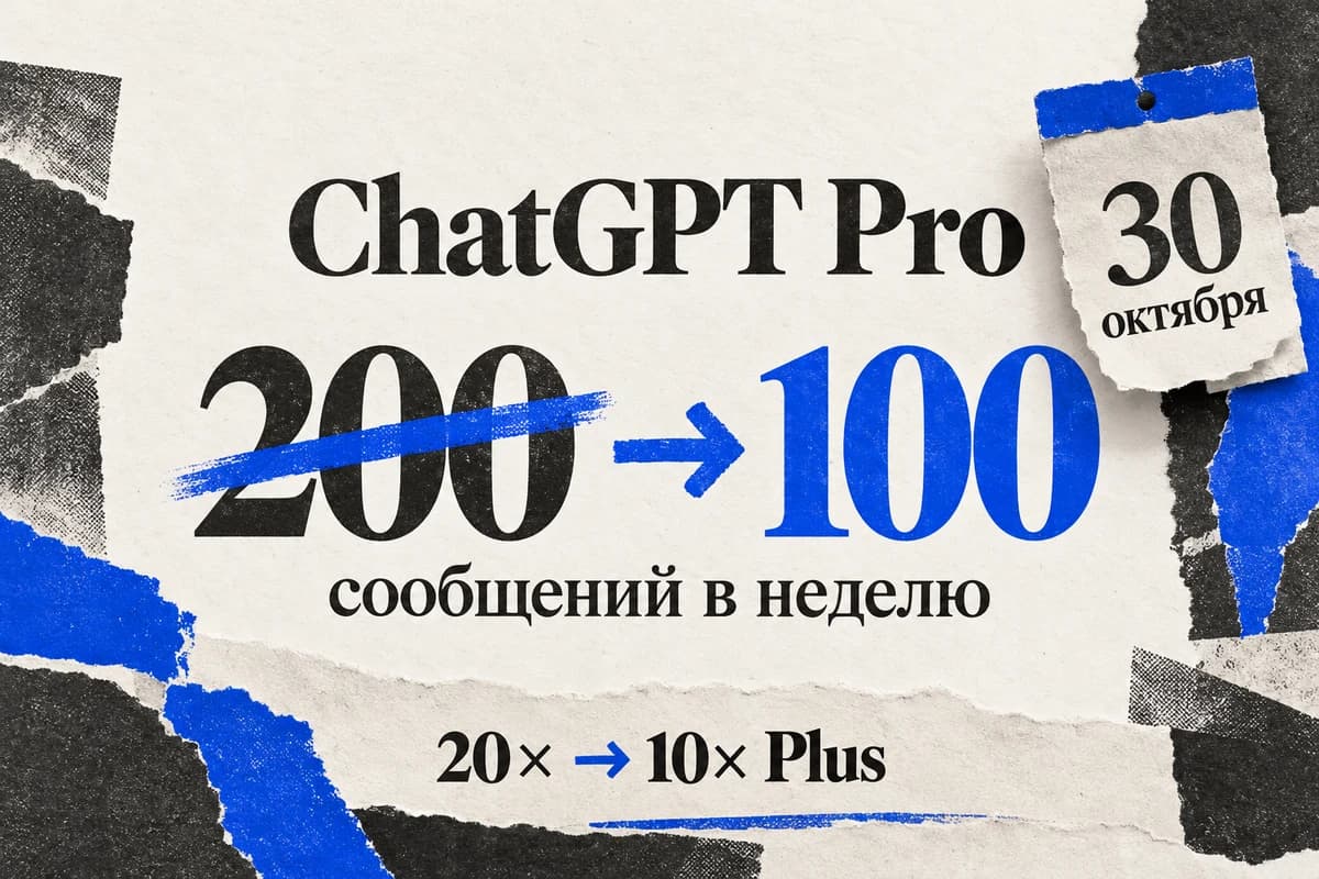 Иллюстрация: лимит ChatGPT Pro сокращается с 200 до 100 сообщений в неделю с 30 октября