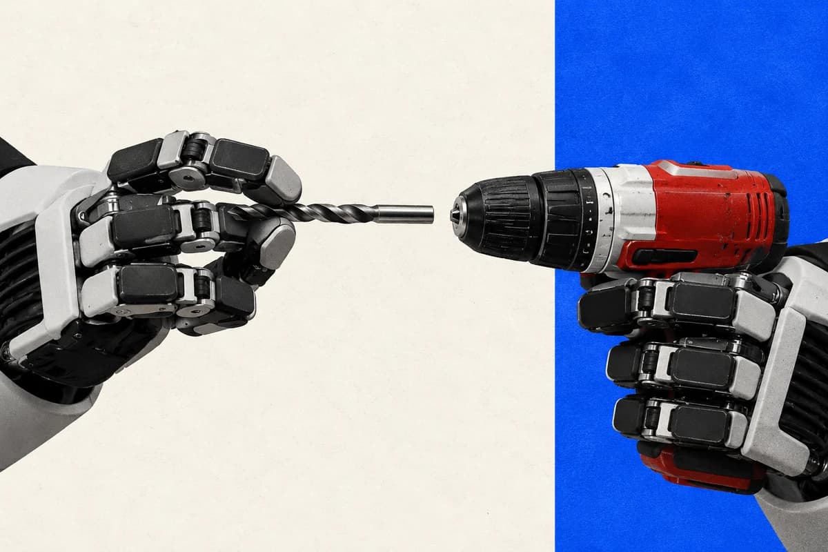 Робот Atlas от Boston Dynamics держит дрель и сверло новыми четырёхпалыми кистями.