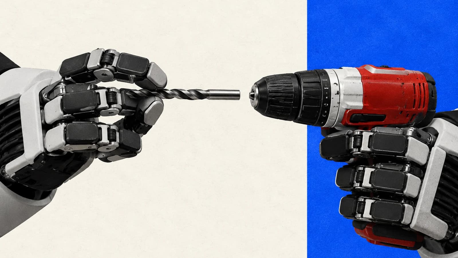 Робот Atlas от Boston Dynamics держит дрель и сверло новыми четырёхпалыми кистями.