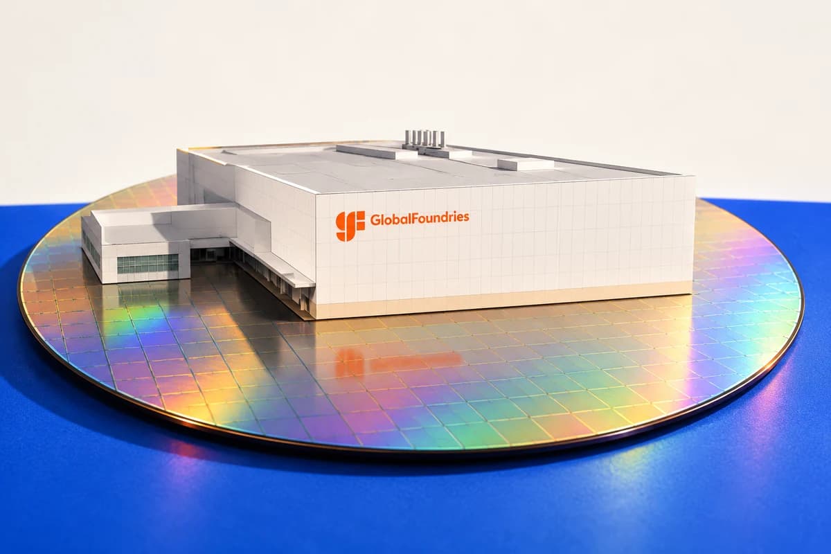 Белый макет корпуса GlobalFoundries с оранжевым логотипом стоит на круглой кремниевой пластине.