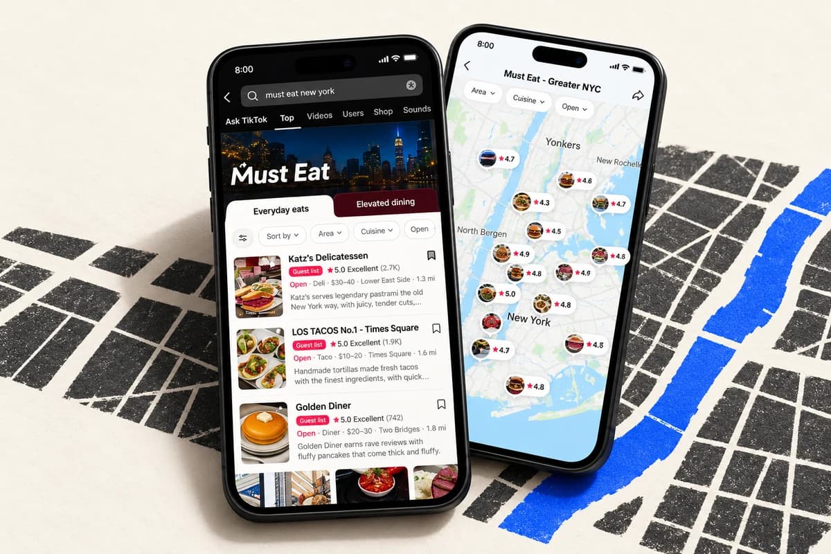Два смартфона с интерфейсом TikTok Must Eat: на одном список ресторанов, на другом карта Нью-Йорка с отметками заведений.