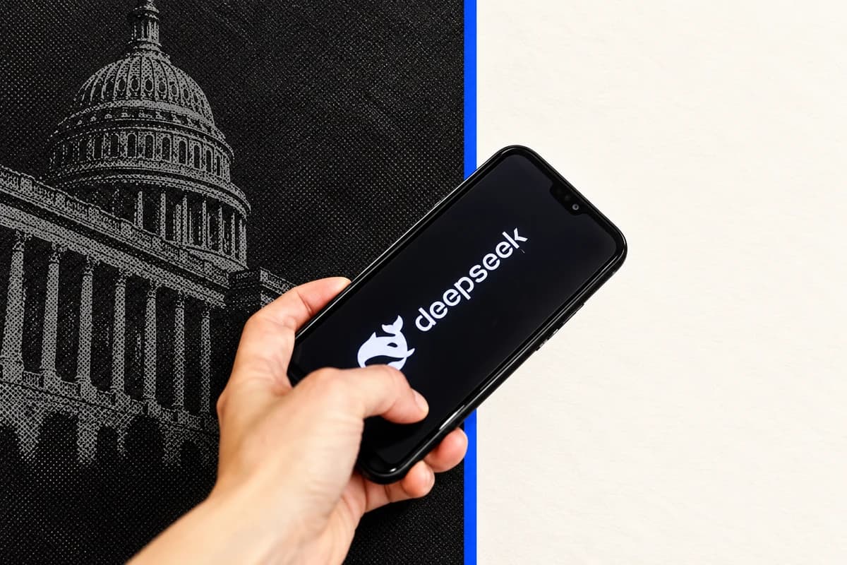 Рука выводит смартфон с логотипом DeepSeek за границу тёмной условной ИТ-среды.