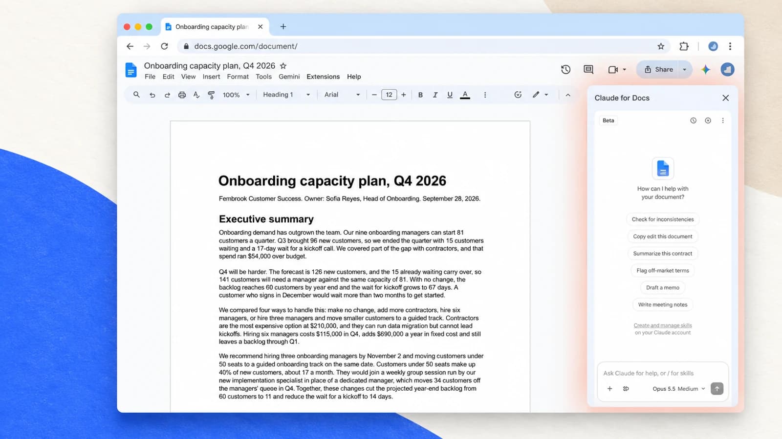 Окно Google Docs с документом Onboarding capacity plan и открытой справа боковой панелью Claude for Docs.