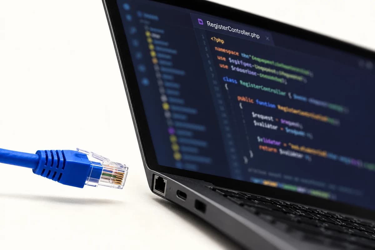 Наклонённый экран ноутбука с файлом RegisterController.php и отсоединённый сетевой кабель на светлом фоне.