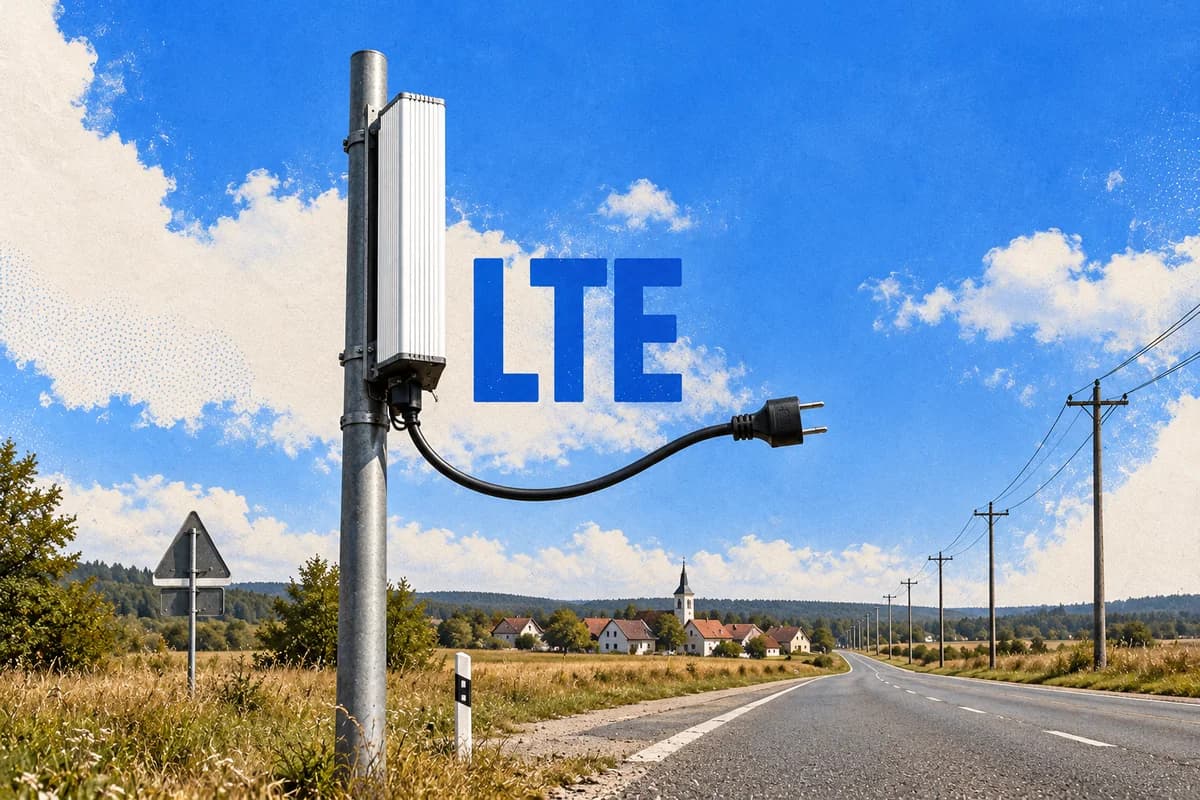 Модуль LTE у пустой дороги соединен с кабелем, штекер которого не достигает удаленной линии электропередачи.