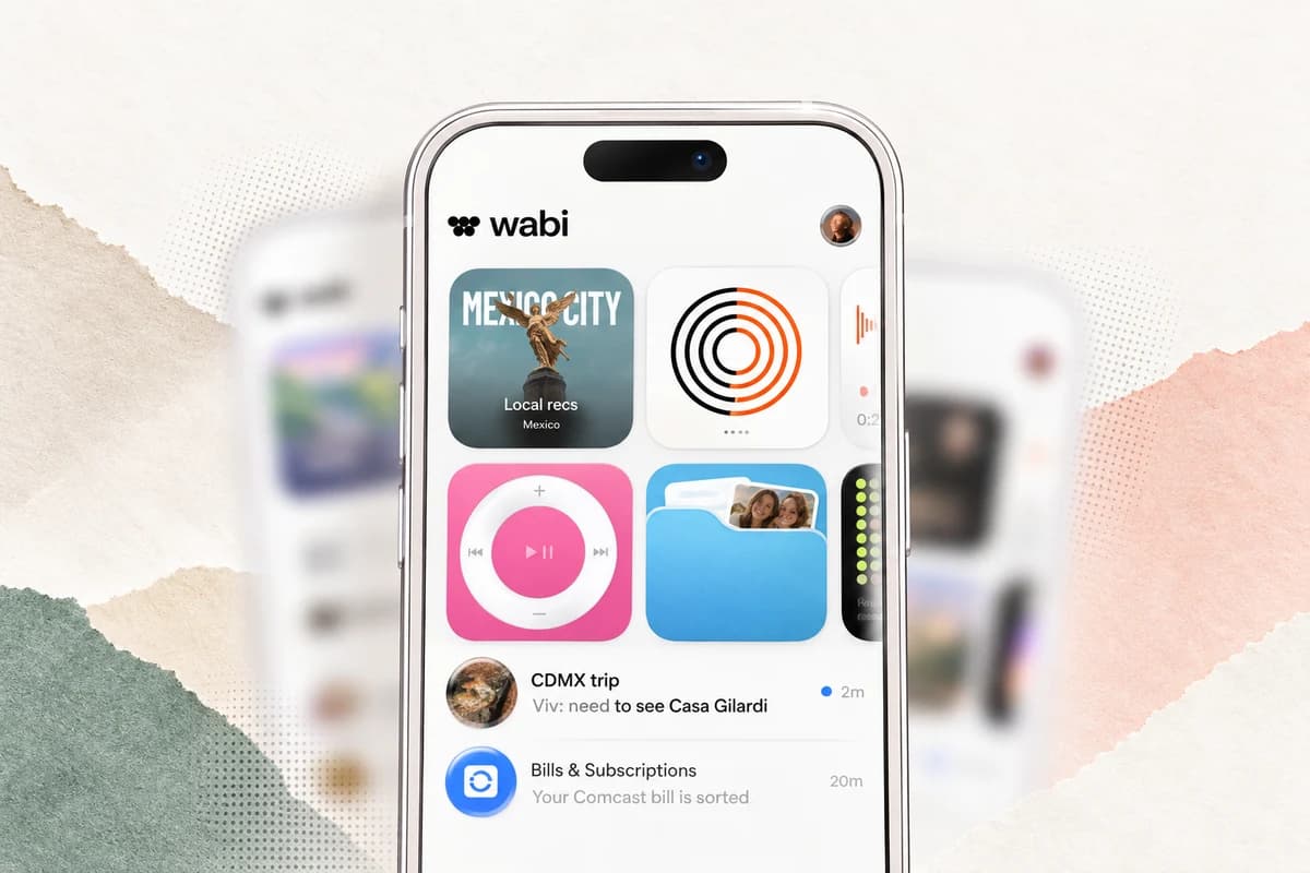Крупный смартфон с логотипом Wabi, сеткой мини-приложений и лентой задач на светлом фоне.