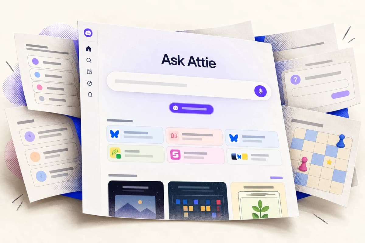 Экран Attie с надписью Ask Attie и строкой запроса раскрывается веером в несколько условных страниц проектов.