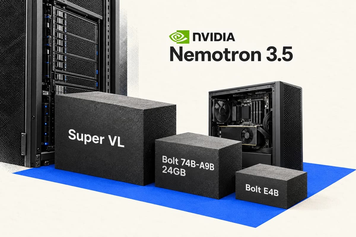 Три блока Nvidia Nemotron 3.5 разного размера рядом с серверным шкафом и рабочей станцией: Super VL, Bolt 74B-A9B 24GB и Bolt E4B.