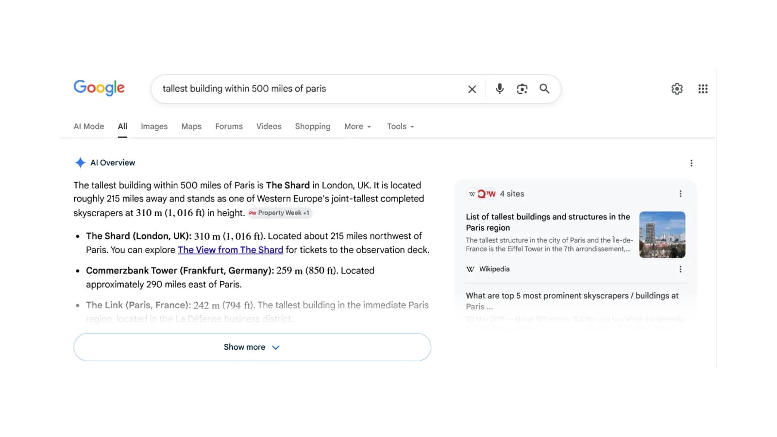 Интерфейс Google Search с блоком AI Overview и ответом на поисковый запрос