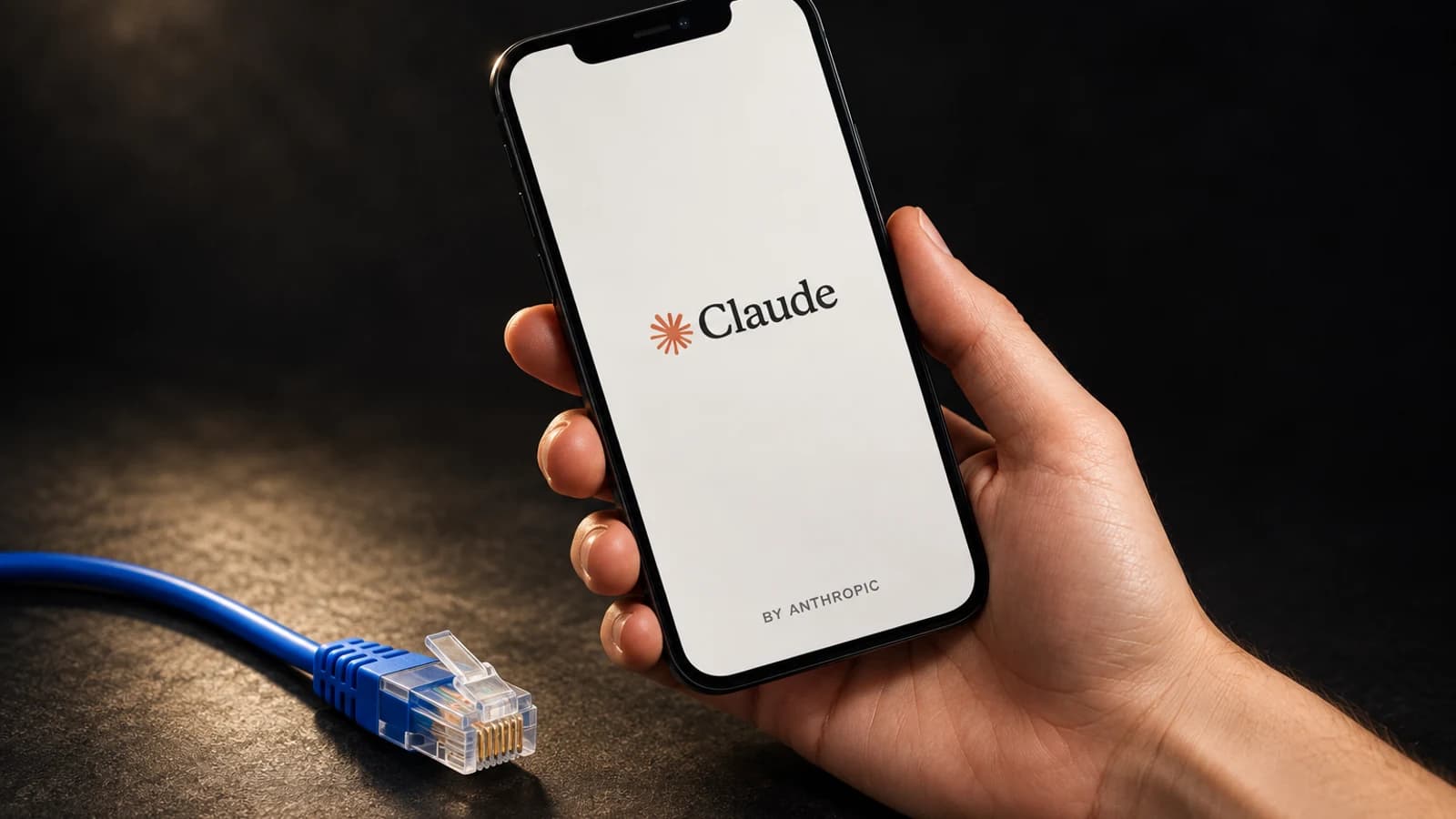 Рука держит смартфон с надписями Claude и BY ANTHROPIC; рядом лежит один отключённый Ethernet-штекер.