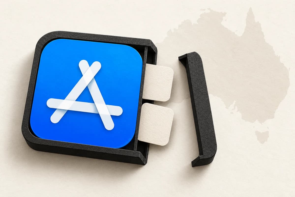 Синяя иконка App Store в чёрной рамке с открытой стороной, рядом видны две нейтральные плитки приложений на фоне силуэта Австралии.