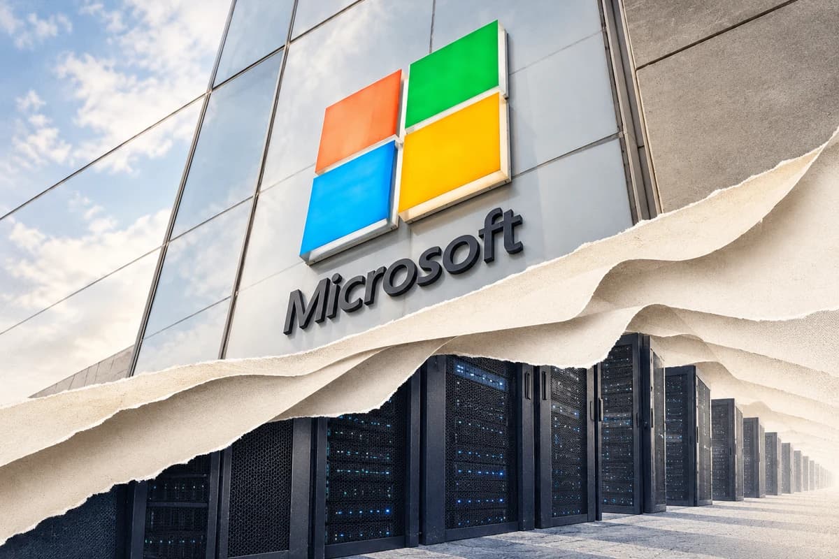 Знак и надпись Microsoft на стеклянном фасаде переходят в условные ряды серверных стоек и слои белой бумаги.