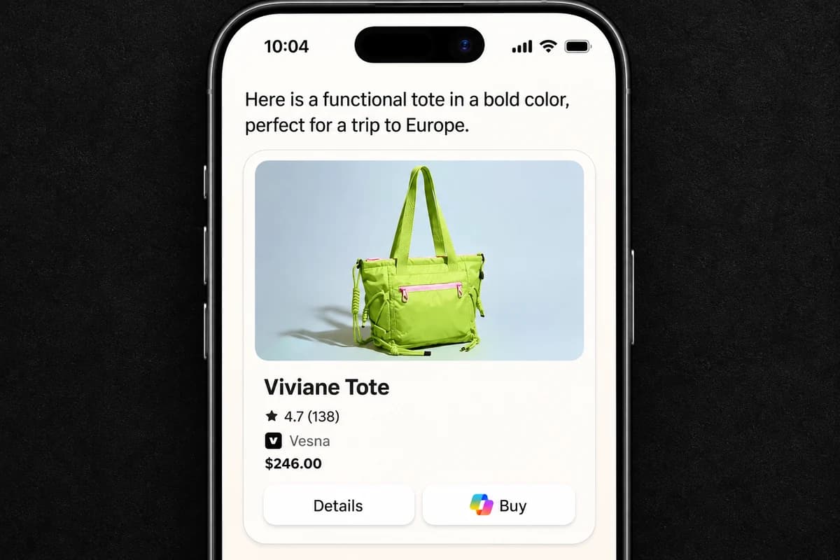 Крупный смартфон с рекомендацией салатовой сумки Viviane Tote, ценой $246 и кнопкой Buy.