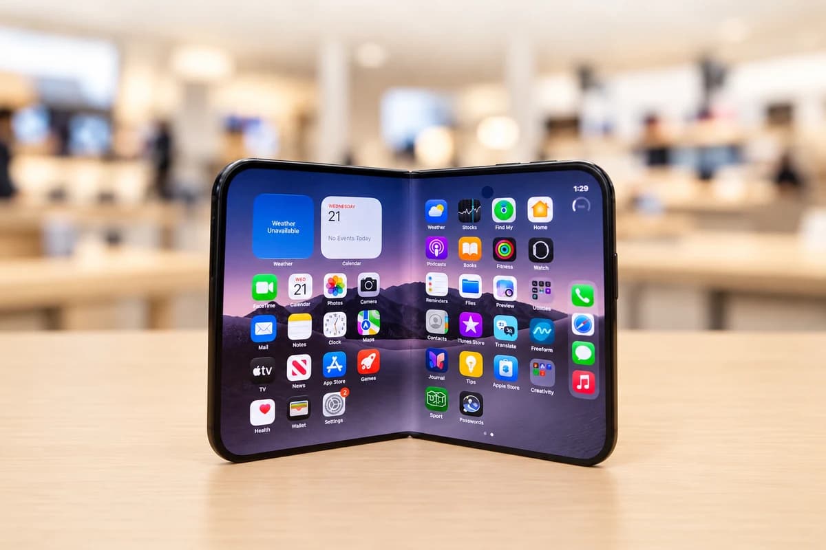 Раскрытый складной iPhone Duo с большим внутренним экраном стоит на светлом столе в магазине электроники.