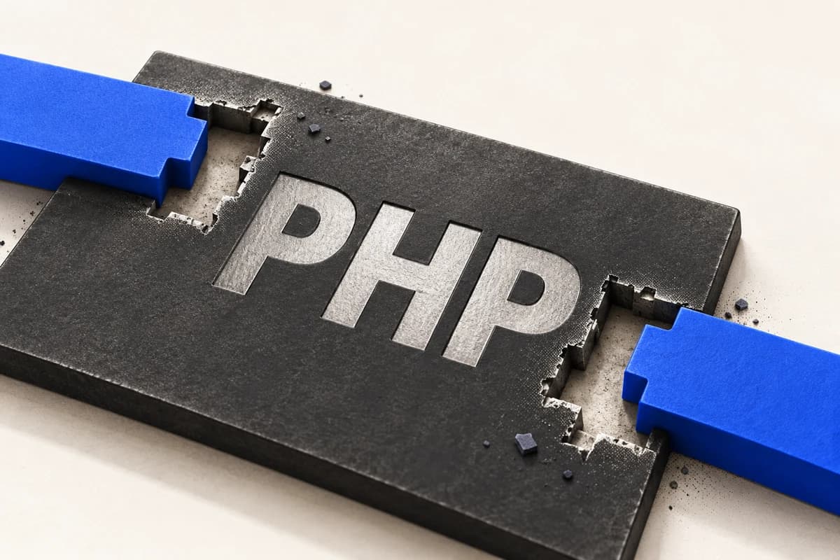 Чёрная пластина с надписью PHP, двумя дефектами и двумя кобальтовыми ремонтными вставками.