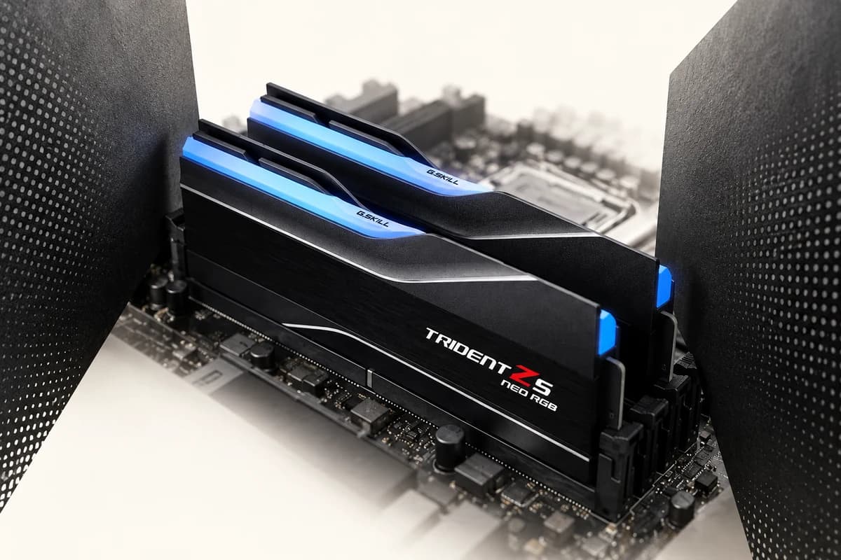 Два чёрных модуля памяти G.Skill Trident Z5 Neo RGB установлены в материнскую плату между сужающимися тёмными плоскостями.