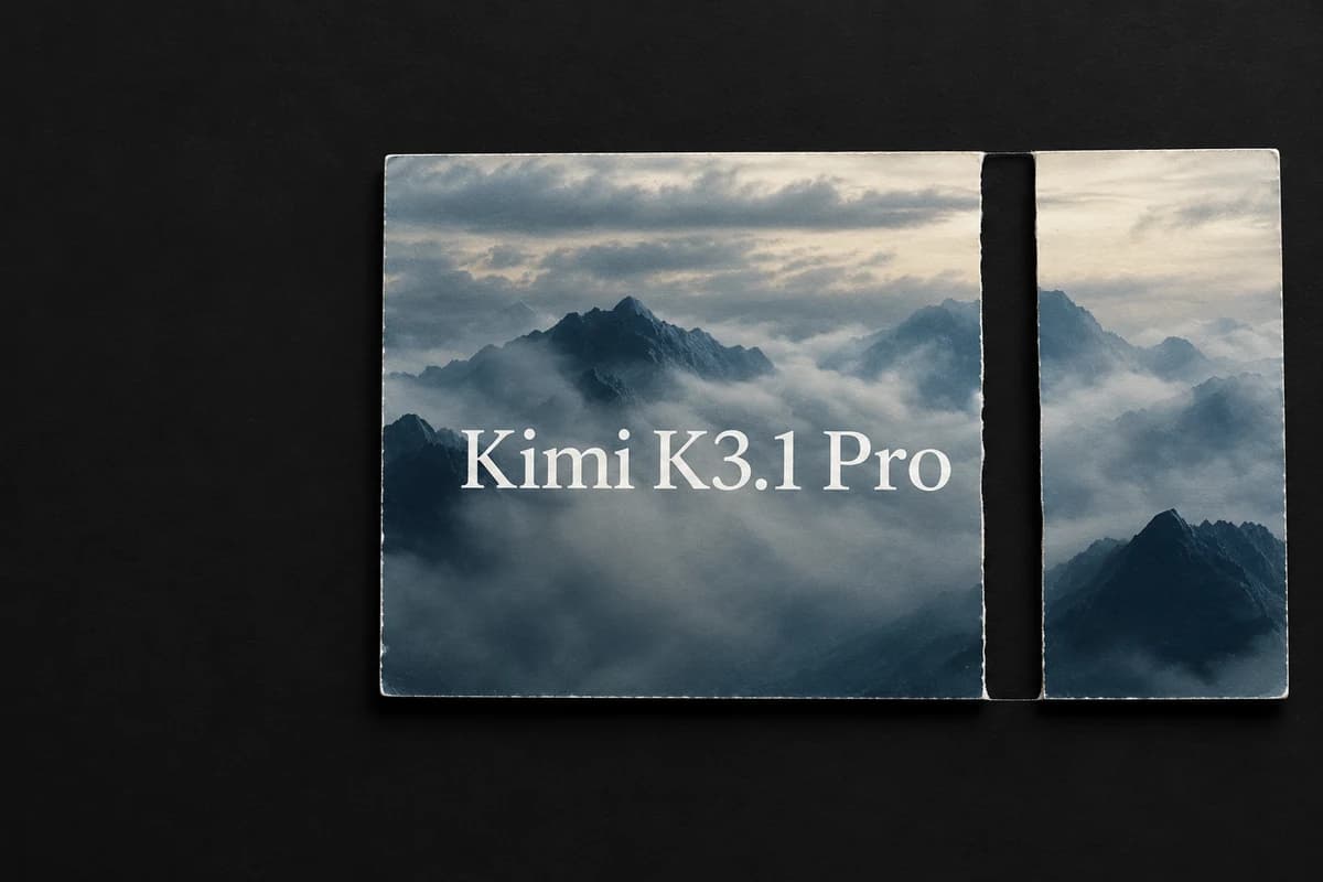 Карточка релиза Kimi K3.1 Pro с горным изображением и вырезанной из него узкой полосой расположена на чёрном фоне.
