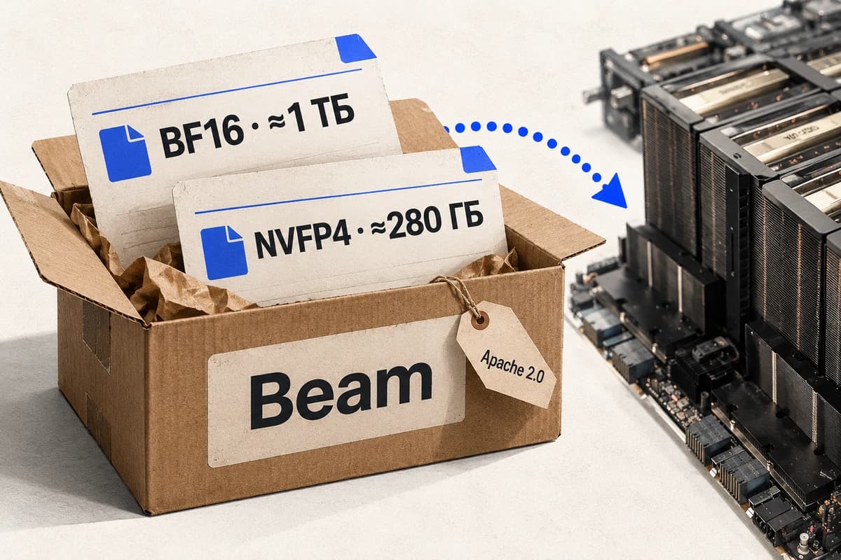 Картонная коробка с надписью Beam и биркой Apache 2.0, в ней карточки файлов BF16 около 1 ТБ и NVFP4 около 280 ГБ; пунктирная стрелка ведёт к серверной плате с ускорителями