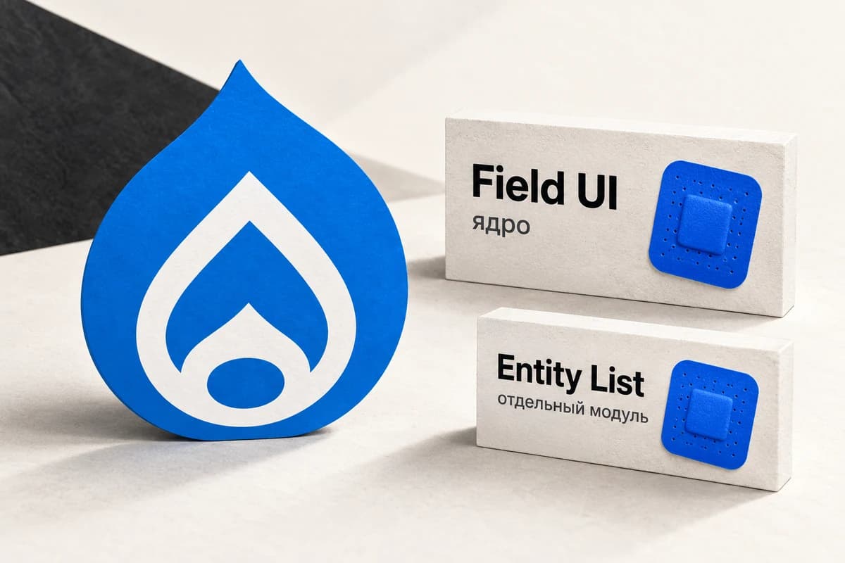 Цельная синяя эмблема Drupal рядом с двумя раздельными блоками «Field UI — ядро» и «Entity List — отдельный модуль».