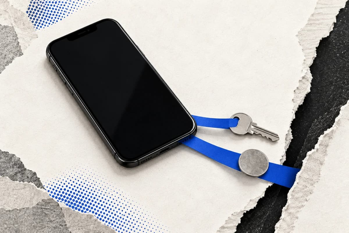 iPhone с тёмным экраном, от которого к чёрному разрыву тянутся синие полосы с металлическим ключом и нейтральной монетой.