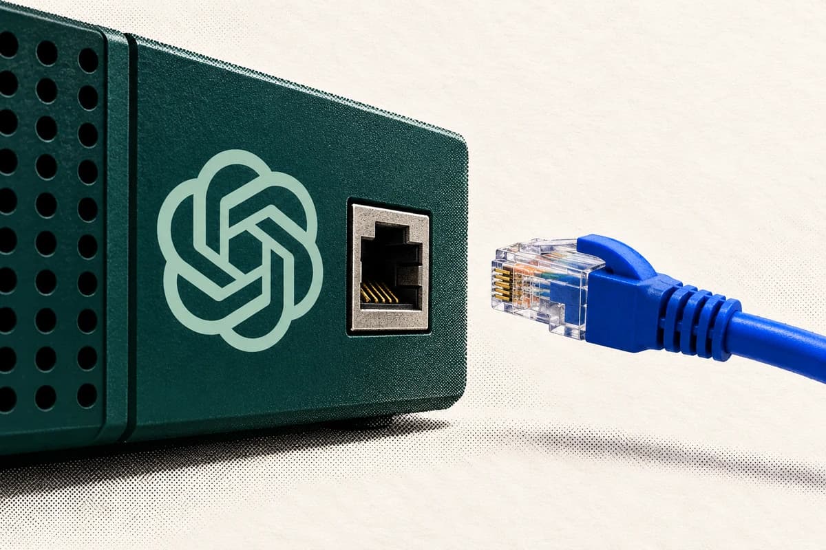 Тёмно-зелёный модуль с эмблемой OpenAI и отсоединённый синий сетевой кабель рядом с разъёмом.