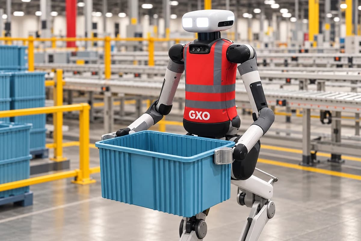 Робот Digit в красном жилете GXO несёт голубой пластиковый контейнер на автоматизированном складе.
