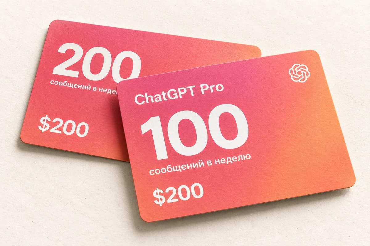 Две наложенные карточки ChatGPT Pro с прежним лимитом 200 и новым лимитом 100 сообщений в неделю при одинаковой цене $200.