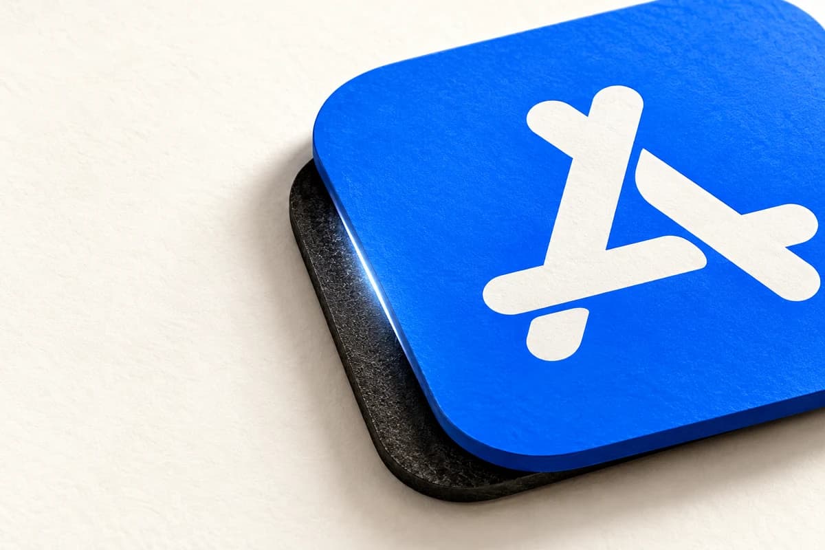 Синяя карточка App Store сдвинута относительно скрытого чёрного слоя, между ними проходит световая линия проверки.