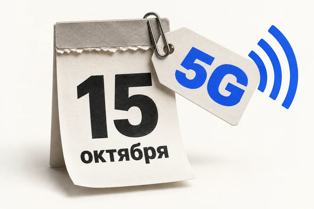 Листок календаря «15 октября» с прикреплённой биркой «5G» и синими дугами сигнала