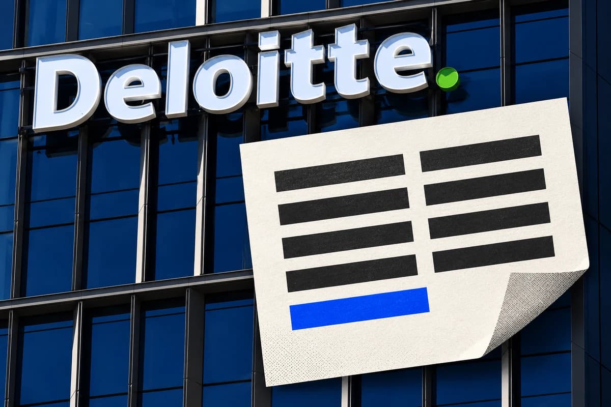 Вывеска Deloitte на стеклянном фасаде и условная бумажная сетка с несовпадающими линиями расчёта и загнутым краем.