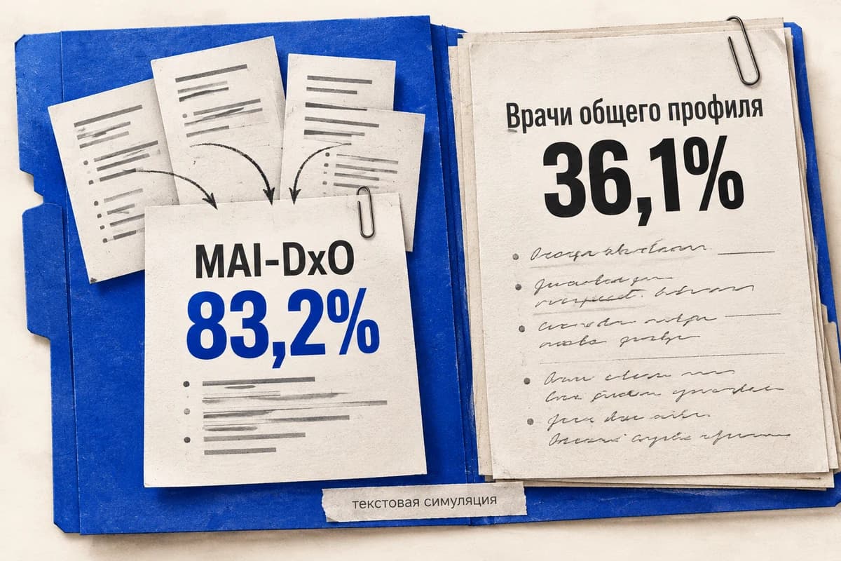 Раскрытое клиническое досье сравнивает результат MAI-DxO 83,2% с результатом врачей общего профиля 36,1% в текстовой симуляции.