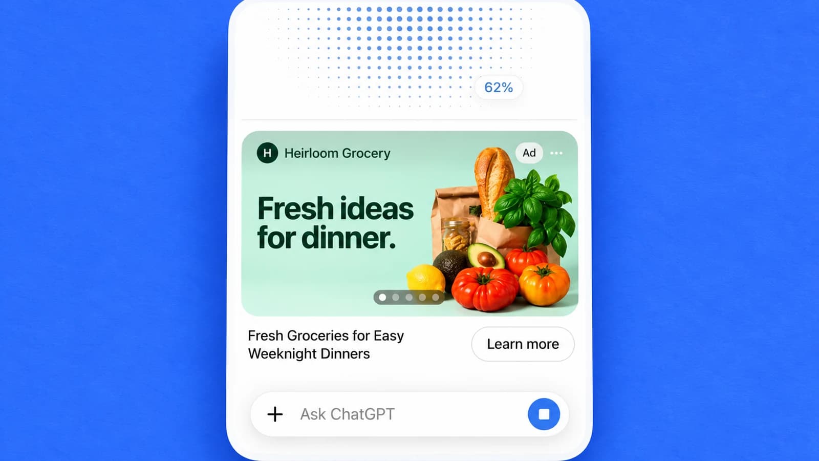 Экран ChatGPT с рекламным баннером Heirloom Grocery, продуктами, меткой Ad, кнопкой Learn more и полем Ask ChatGPT.