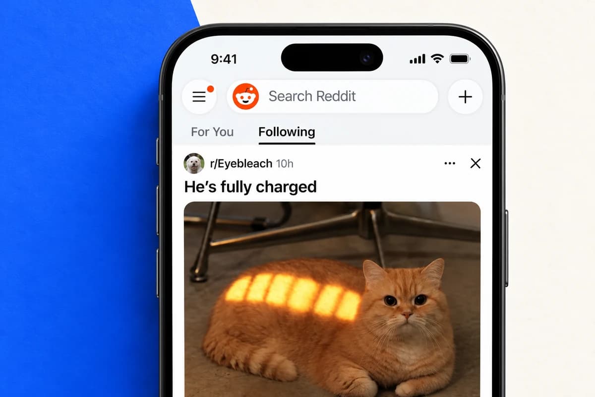 Крупный фрагмент смартфона с Reddit: рядом видны вкладки For You и Following, активная Following подчёркнута.