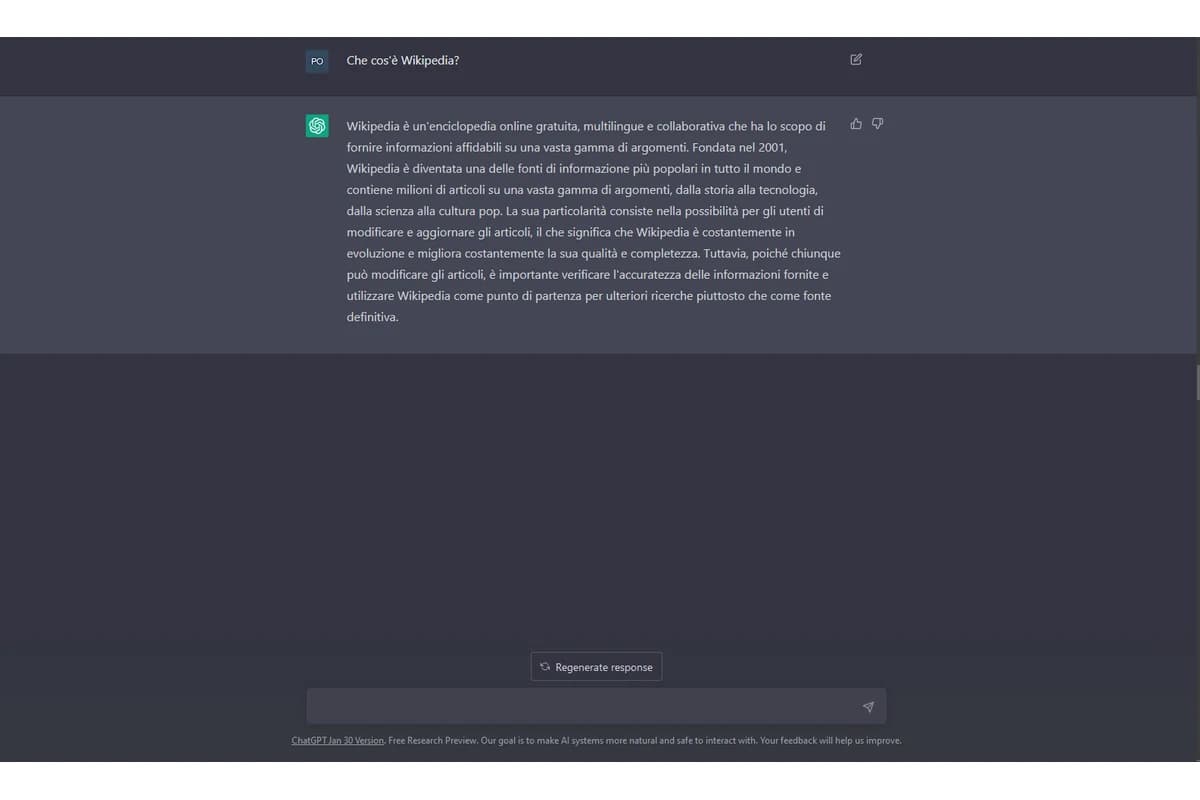 Скриншот интерфейса ChatGPT с вопросом и развёрнутым ответом на итальянском языке