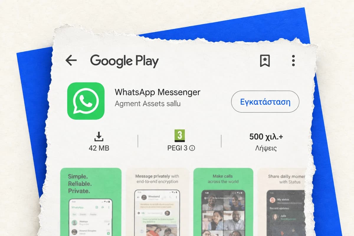 Крупный фрагмент карточки WhatsApp Messenger в Google Play: под названием указан разработчик Agment Assets sallu, рядом видна отметка «500 χιλ.+».