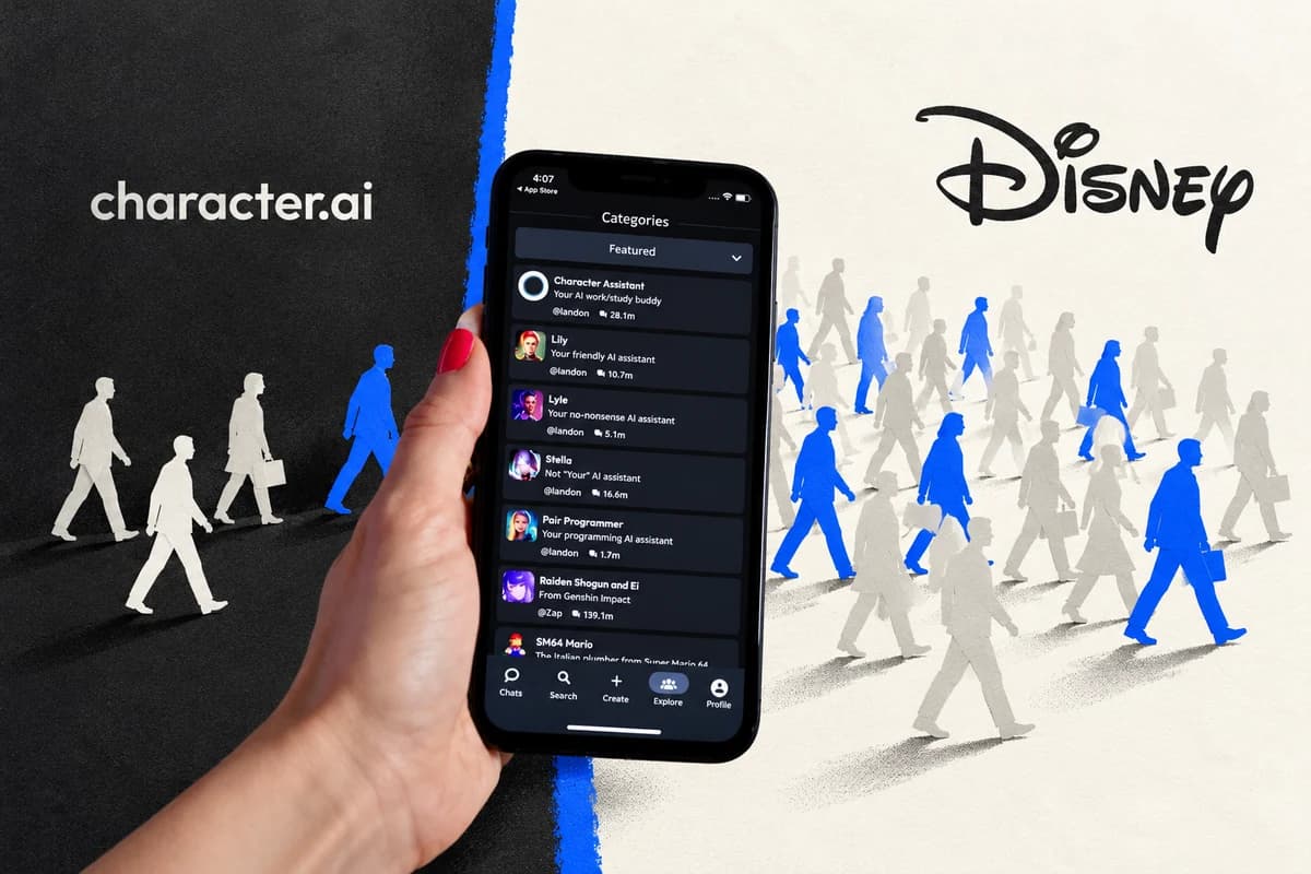 Смартфон с каталогом персонажей Character.AI стоит между плоскостями character.ai и Disney, а группа бумажных силуэтов сотрудников переходит на сторону Disney.