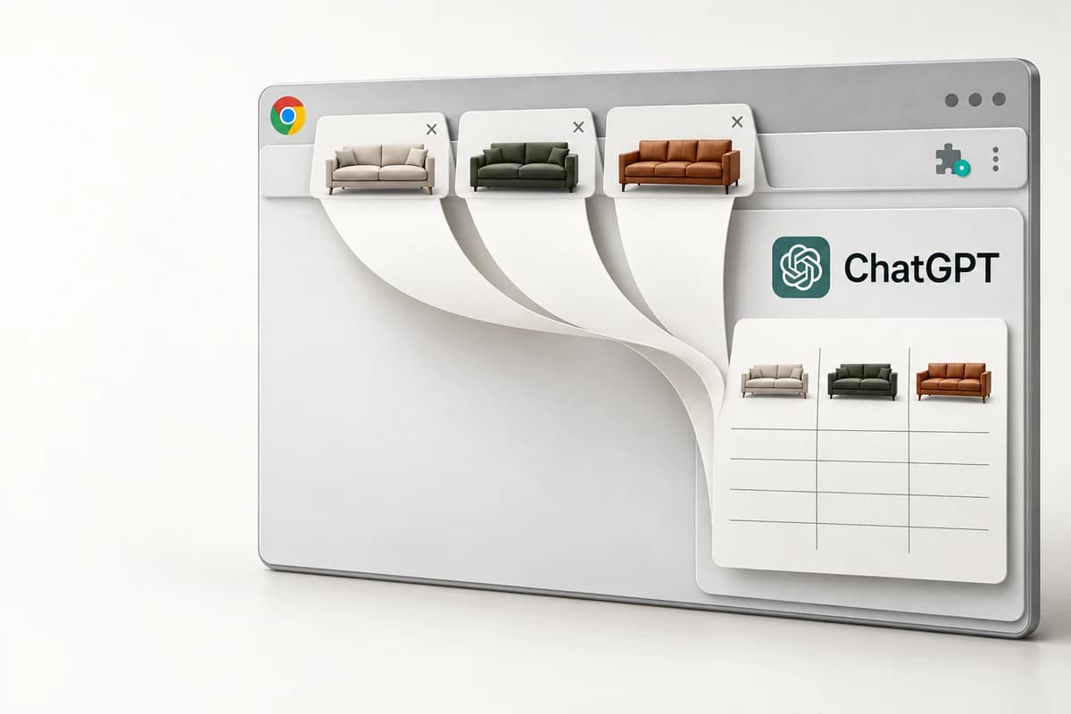 Из нескольких вкладок Chrome с диванами карточки товаров переходят в сравнительный лист в панели ChatGPT.