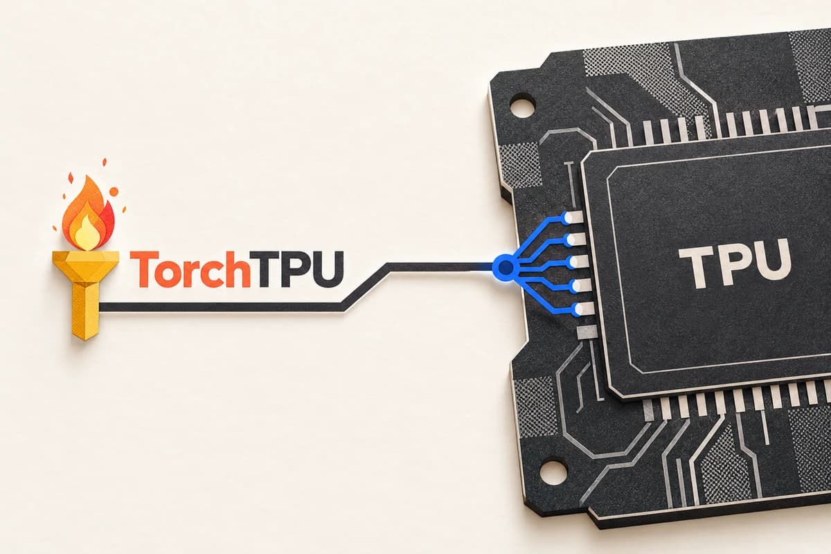 Стилизованный факел TorchTPU соединён печатной дорожкой с условным модулем, помеченным TPU.