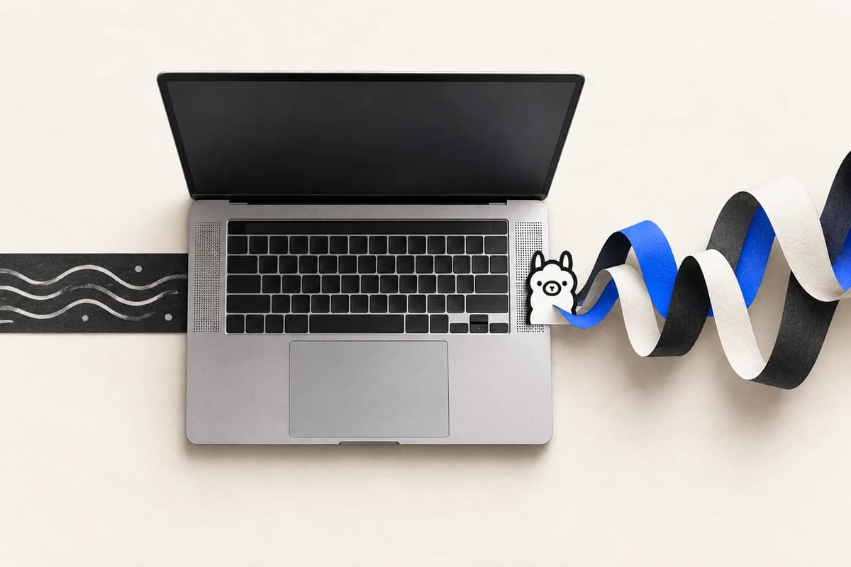 Бумажная полоса с условными строками проходит через MacBook Pro и выходит из динамика в форме звуковой ленты рядом с маскотом Ollama.