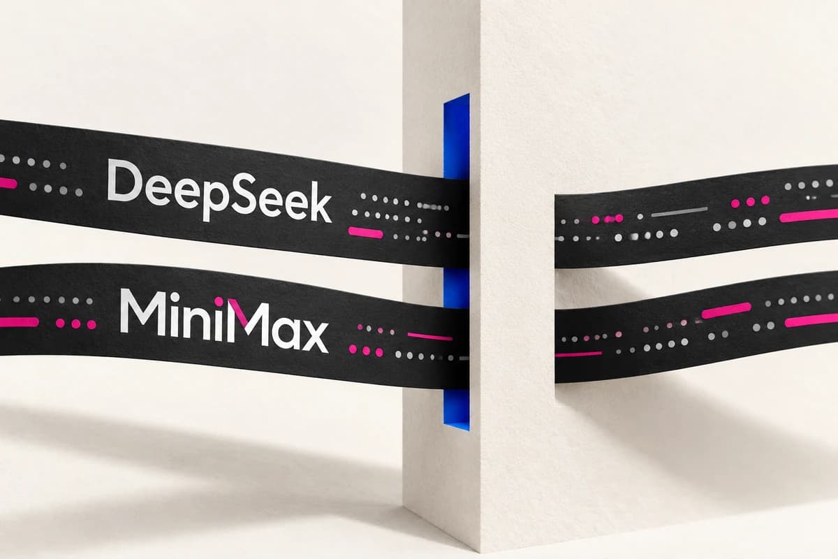 Две ленты данных с названиями DeepSeek и MiniMax проходят через узкий кобальтовый проём в светлой плоскости.
